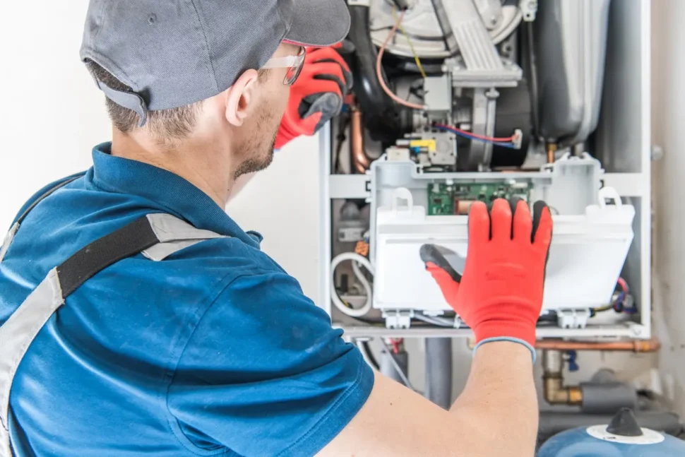 A technician is servicing a gas furnace, demonstrating skilled craftsmanship.