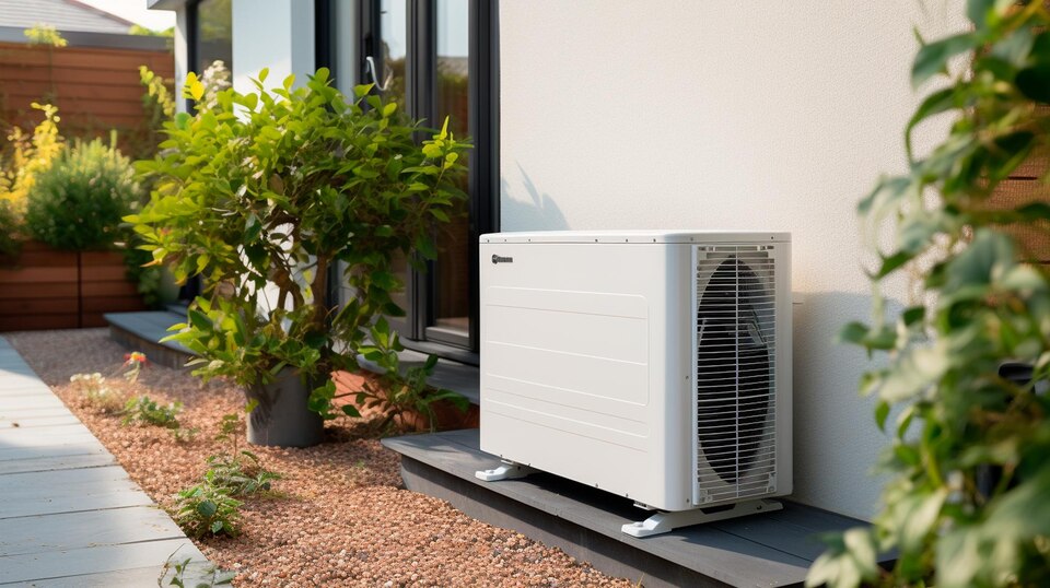A air conditioner located outside a house, contributing to the home's climate control system.