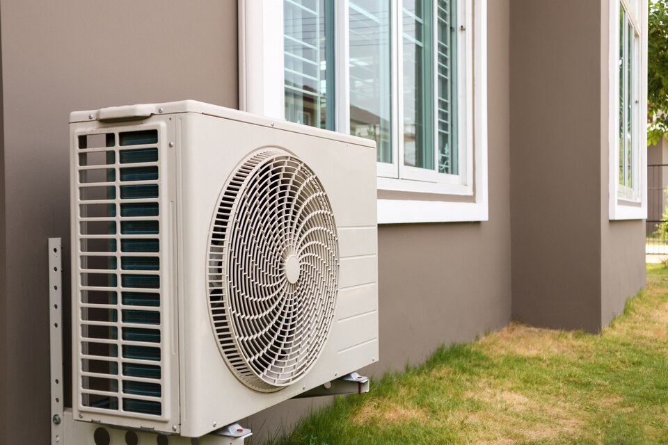 A air conditioner located outside a house, contributing to the home's climate control system.